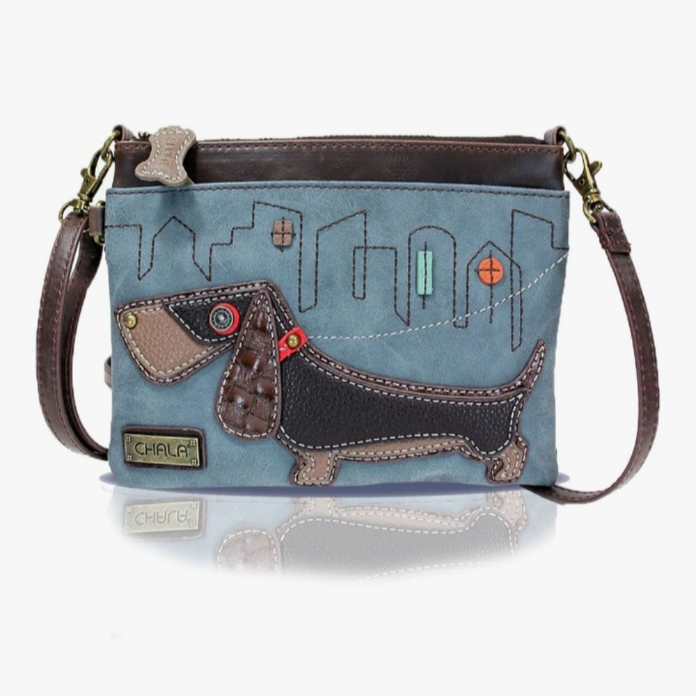 Chala Crossbody Bag with Dachshund Design - Brown and Gray